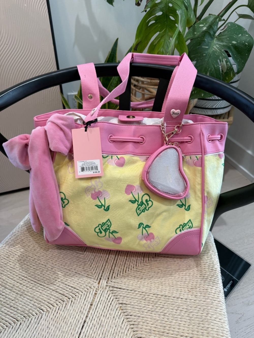 Juicy Couture Pink & Yellow Floral Heart Charm Tote